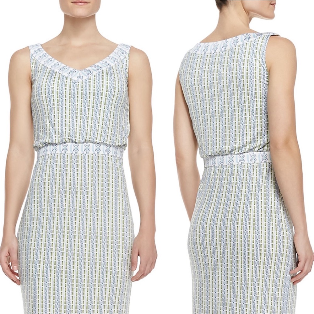 TORY BURCH Dress Micky Silk Mixed Geometric Design Blue & Green Mini V-Neck XS